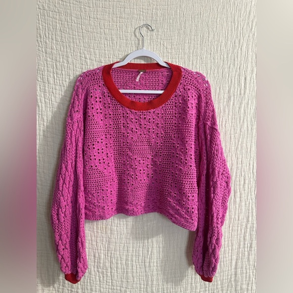 Free People Home Run Sweater Bright Pink Sz small - Picture 2 of 6